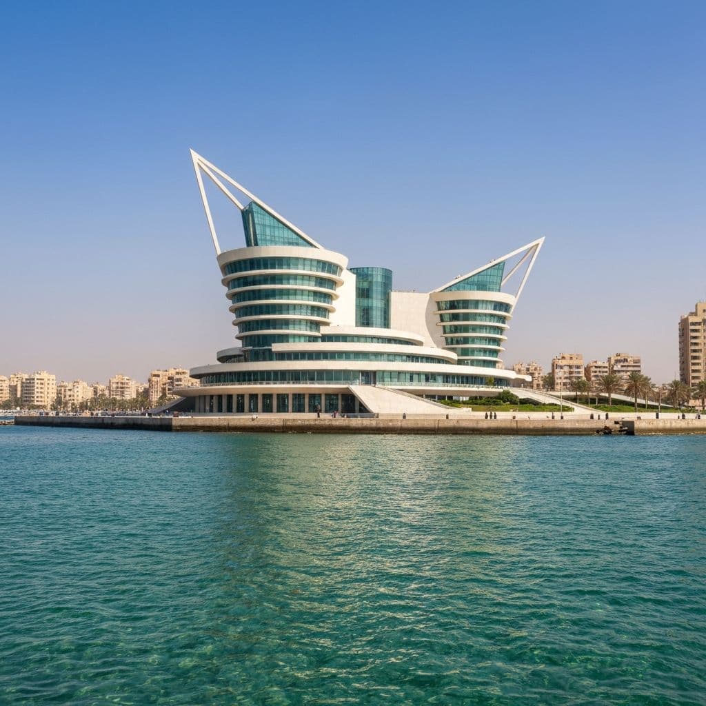 Modern Bibliotheca Alexandrina library with distinctive tilted circular architecture on Mediterranean waterfront