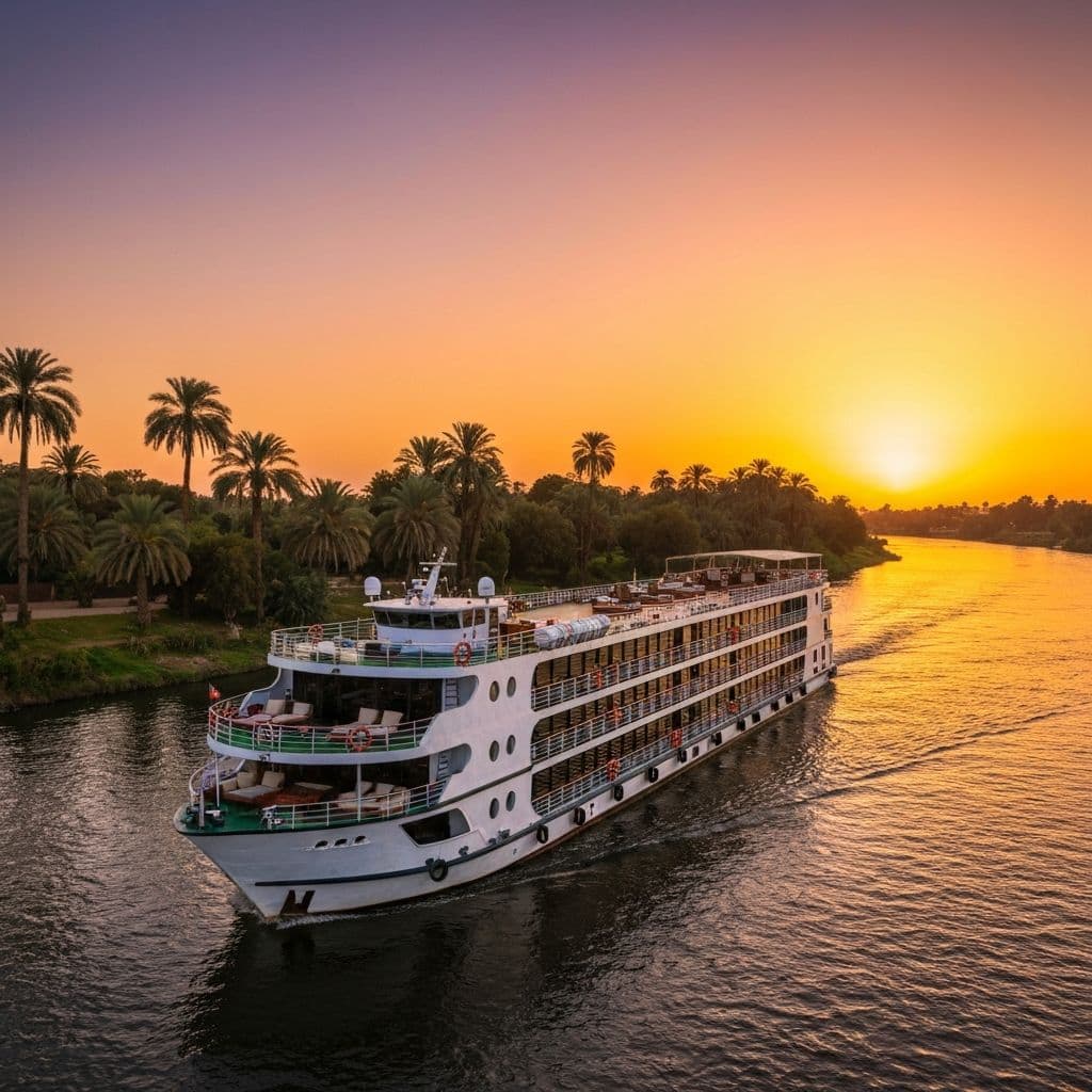 Luxury Nile cruise ship sailing at sunset between Luxor and Aswan with feluccas in foreground