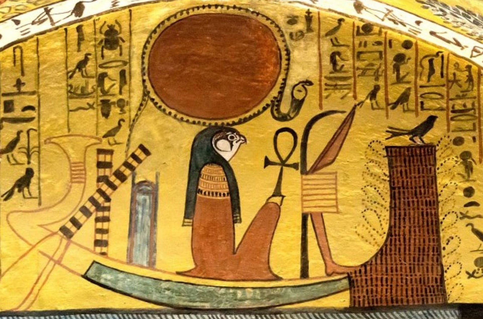 Ancient Egyptian painting showing Ra's solar barque journey across the sky