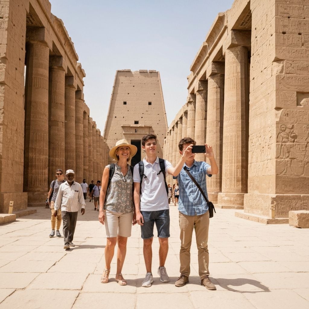 Family exploring ancient Egyptian temple in Luxor with private guide
