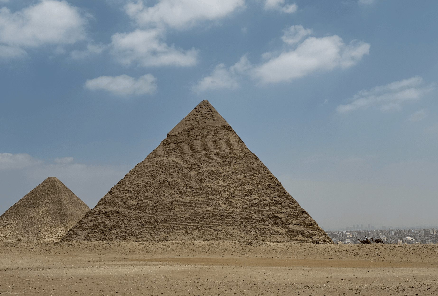 Pyramids of Giza panoramic view showing Khafre and Menkaure pyramids Egypt