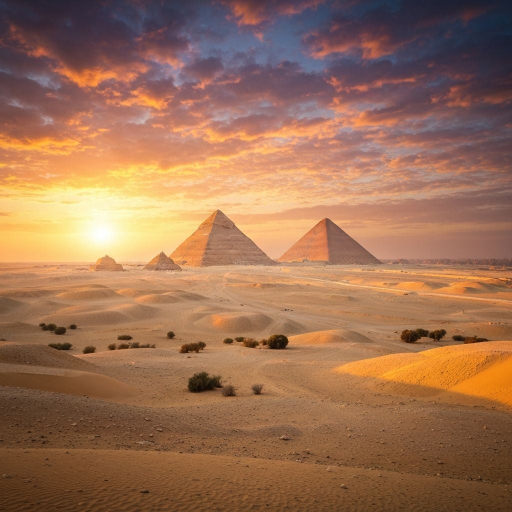 Pyramids of Giza at sunset with golden light Egypt accessible travel