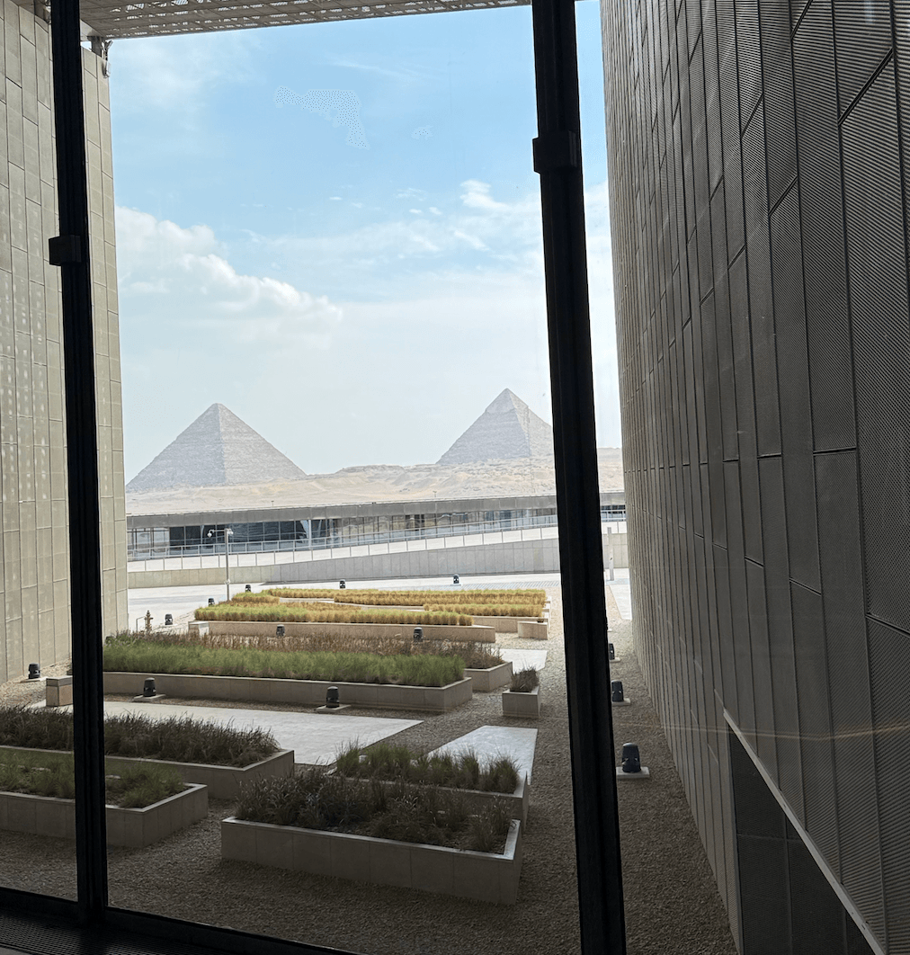 View of Giza pyramids from Grand Egyptian Museum modern architecture Egypt